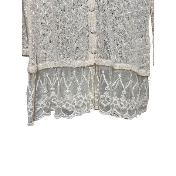 Krazy Kat Ivory Cream Open Knit Long Sleeve Button Front Lace hem Top - Picture 8 of 9